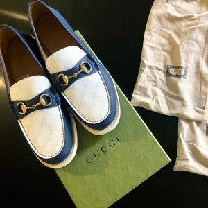 Gucci Navy and White Men's Dress Loafers Size 12 US
